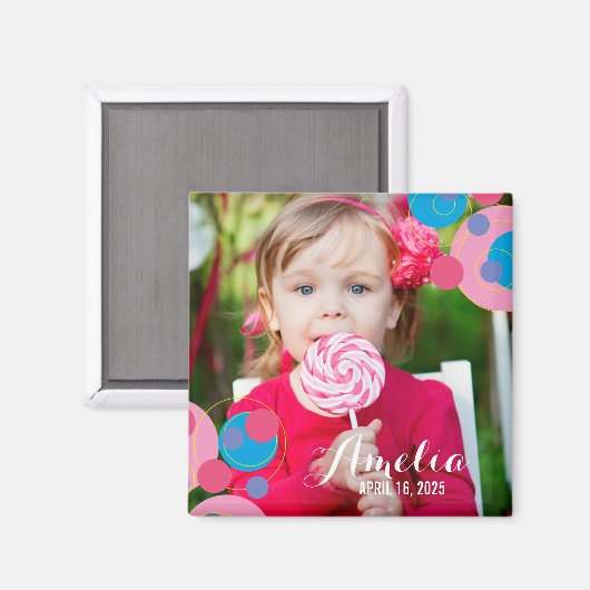 バブリーピンク&ブルー水玉模様子供の誕生日写真 マグネット (正面/裏面)