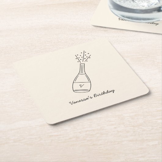 バブリー誕生日ウィズポップシャンパンボトル スクエアペーパーコースター (アングル)