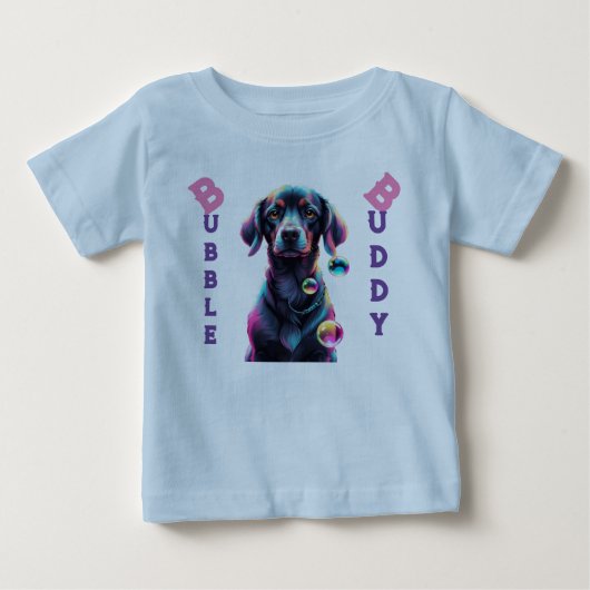 バブルおもしろい：かわいい黒犬の冒険 ベビーTシャツ (正面)