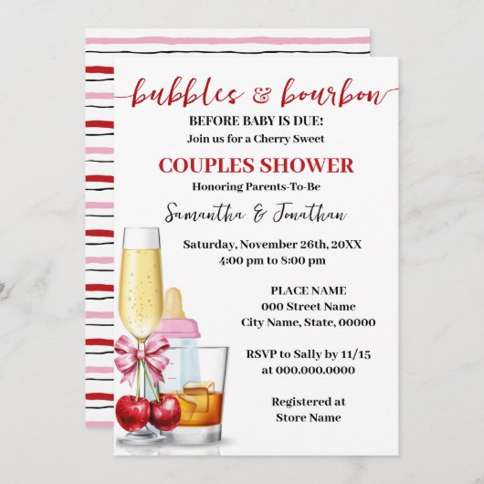 バブルとバーボンウィザーズベビーデューシャワーズさくらんぼ 招待状 (正面/裏面)