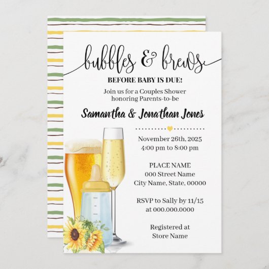 バブルとブリュウの前にベビーデューイエローベイビーシャワー 招待状 (正面/裏面)