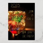 バブルと金ゴールド付き花火 – 新年のパーティー 箔招待状 (正面)