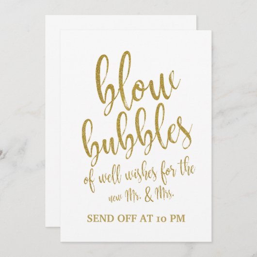 バブルを飛ばしてゴールドを祝福する お手頃な結婚式の看板 招待状 (正面/裏面)