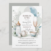 バブルエレガントと紅茶の赤ちゃんシャワーグリーン 招待状 (正面/裏面)
