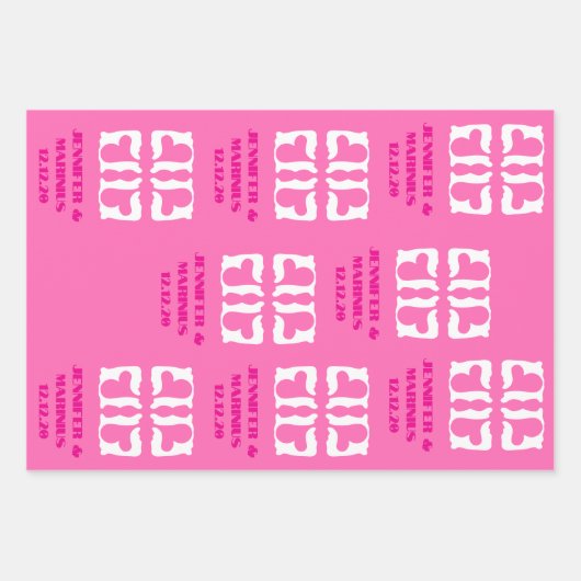 バブルガムピンクとホワイトハート ラッピングペーパーシート (正面2)