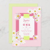 バブルガムピンクデイジーフレームリトル恋しく思誕生日 招待状 (正面/裏面)