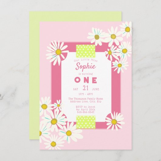バブルガムピンクデイジーフレームリトル恋しく思誕生日 招待状 (正面/裏面)