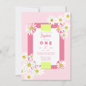 バブルガムピンクデイジーフレームリトル恋しく思誕生日 招待状 (正面)