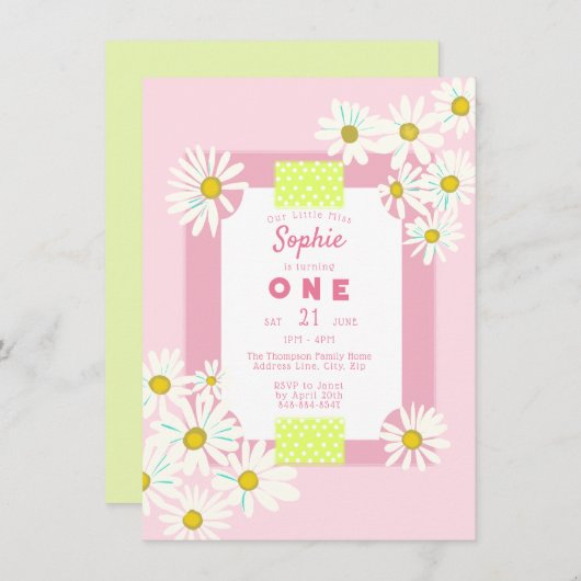 バブルガムピンクデイジーフレーム恋しく思1日少 招待状 (正面/裏面)