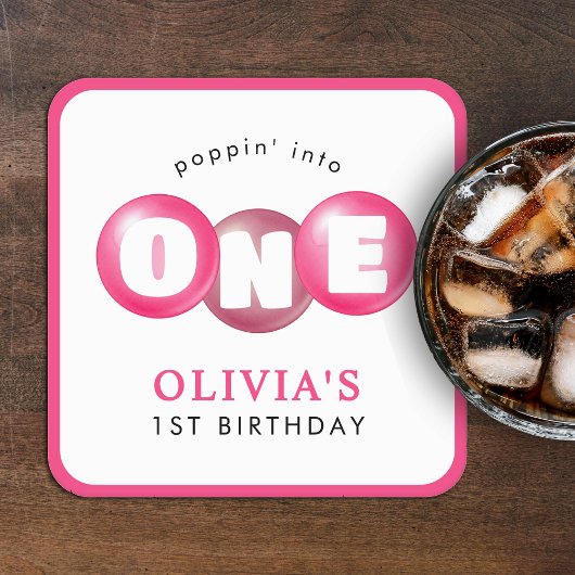 バブルガムピンクポップピンガール1st誕生日パーティー スクエアペーパーコースター