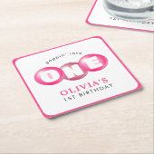 バブルガムピンクポップピンガール1st誕生日パーティー スクエアペーパーコースター (アングル)