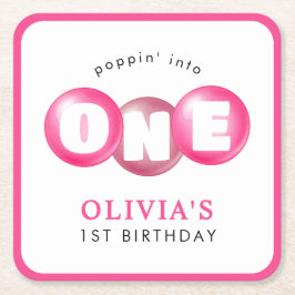 バブルガムピンクポップピンガール1st誕生日パーティー スクエアペーパーコースター