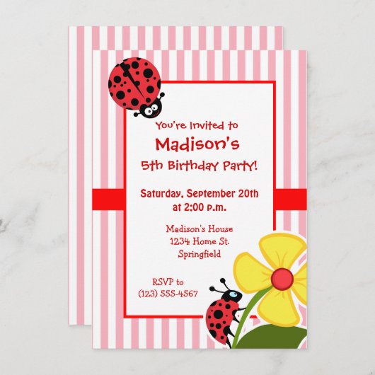 バブルガムピンク色の可愛いラディバグストライプ 招待状 (正面/裏面)