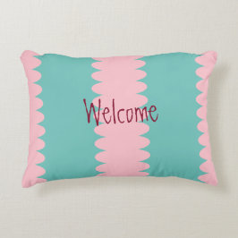 バブルガムピンク&ティール（緑がかった色）かわいらし，ようこそ，テキスト アクセントクッション