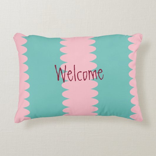 バブルガムピンク&ティール（緑がかった色）かわいらし，ようこそ，テキスト アクセントクッション (正面)