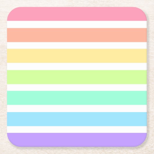 バブルガム虹と白ストライプ色 スクエアペーパーコースター (正面)