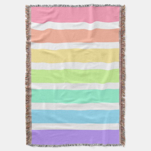 バブルガム虹と白ストライプ色 スローブランケット (正面縦)