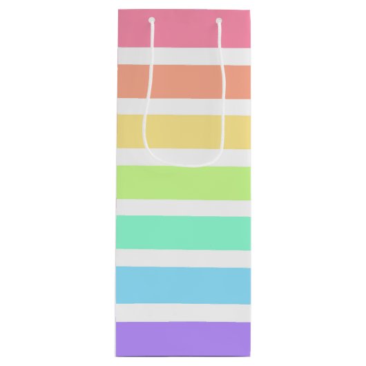 バブルガム虹と白ストライプ色 ワインギフトバッグ (正面)