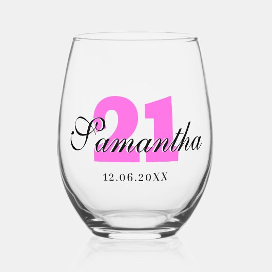 バブルガム誕生日番号 |黒い3D名前日付 ステムなしワイングラス (正面)