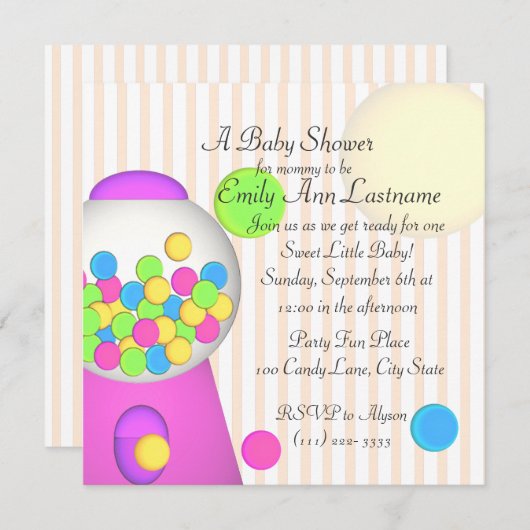 バブルガム赤ちゃんシャワー 招待状 (正面/裏面)