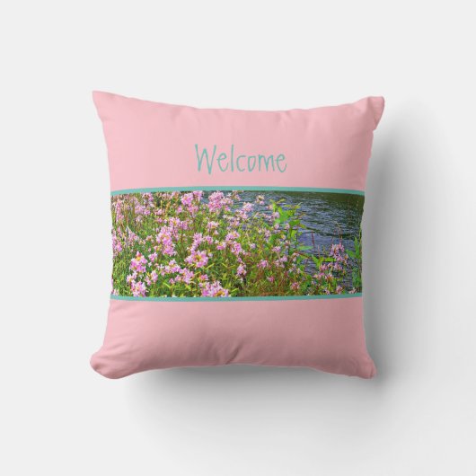バブルグムピンク，ティール（緑がかった色），花，歓迎，あなたの言葉 クッション (正面)