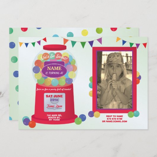 バブルグムマシン誕生日スイーツトリートフォト 招待状 (正面/裏面)