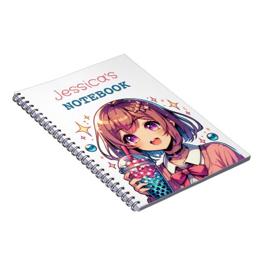 バブルティーを持つかわいいアニメの女パーソナライズされたの子 ノートブック (右側)