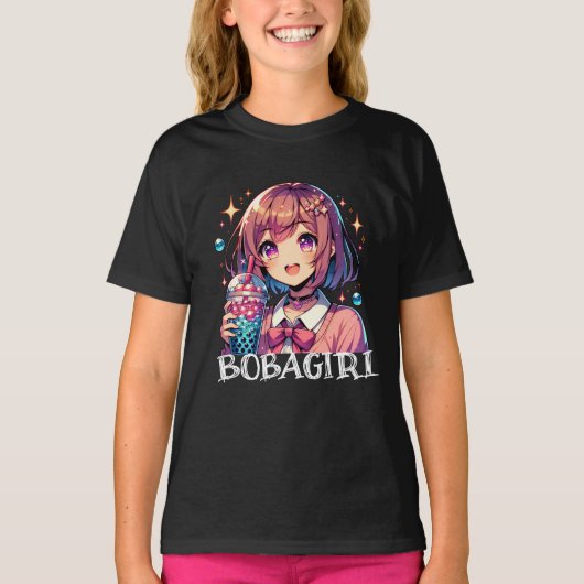 バブルティーを持つかわいいアニメの少女 Tシャツ (正面)