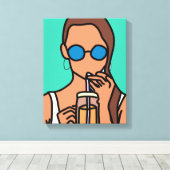 バブルティーを飲む女のモダン子10代の キャンバスプリント (インサイチュ (ウッドフロア))