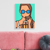 バブルティーを飲む女のモダン子10代の キャンバスプリント (インサイチュ (リビング))