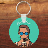 バブルティーを飲む女のモダン子10代の キーホルダー (正面)