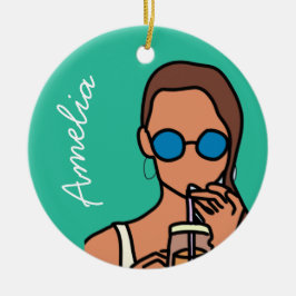 バブルティーを飲む女のモダン子10代の セラミックオーナメント