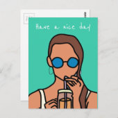 バブルティーを飲む女のモダン子10代の ポストカード (正面/裏面)