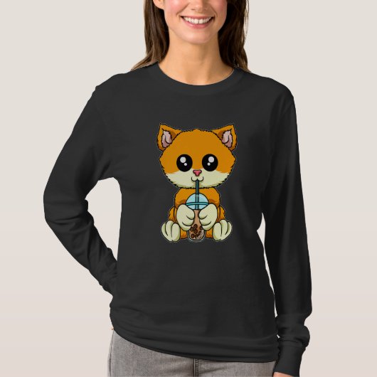 バブルティーを飲む猫 可愛い動物たちとボバティー Tシャツ (正面)