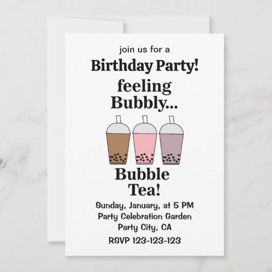 バブルティードリンクで楽しい誕生日パーティー 招待状 (正面)