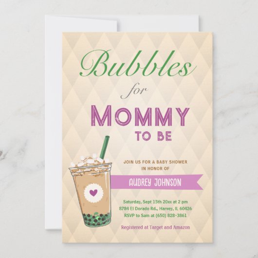 バブルティーベビーシャワーコーヒーコリアンKpop Boba 招待状 (正面)