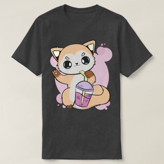 バブルティーラバープリーム用ボバ付きかわいいアニメキツネ Tシャツ (デザイン正面)