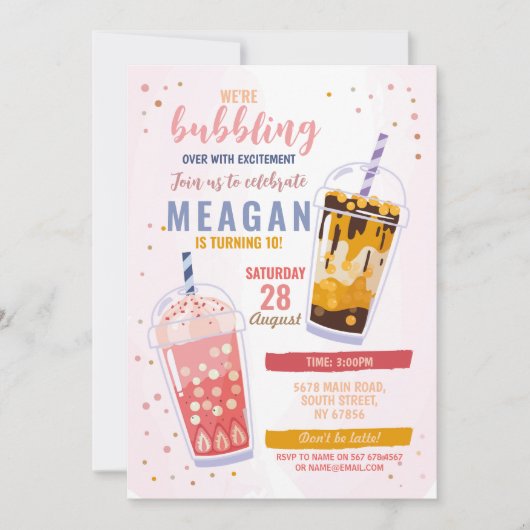 バブルティー誕生日カフェショップお祝い 招待状 (正面)