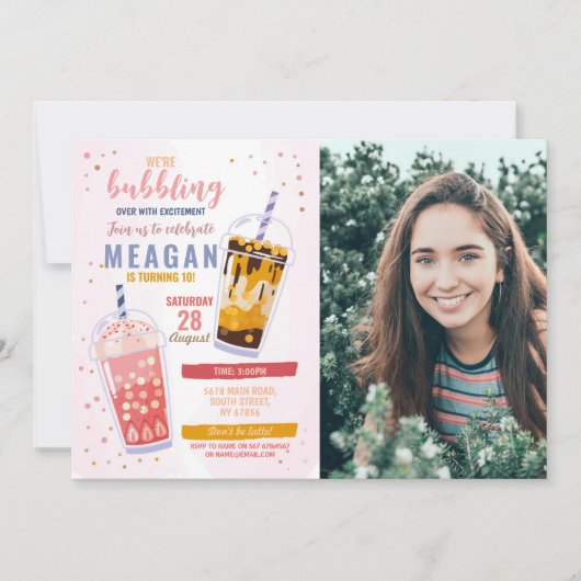 バブルティー誕生日カフェショップフォトお祝い 招待状 (正面)