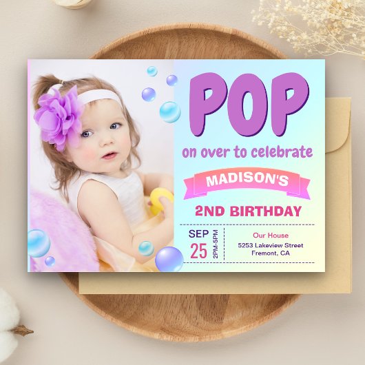 バブルテーマ女の子の写真 バブル 誕生日パーティー 招待状