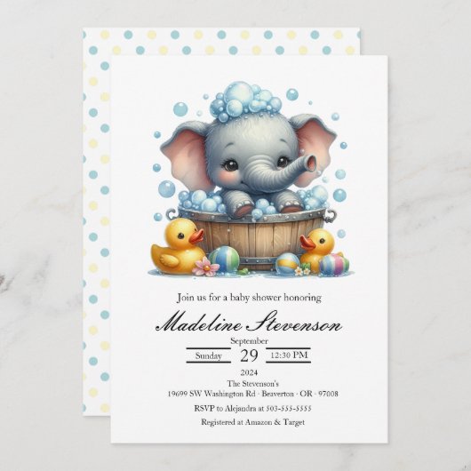 バブルバスエレファントをテーマにしたベビーシャワー招待状 招待状 (正面/裏面)