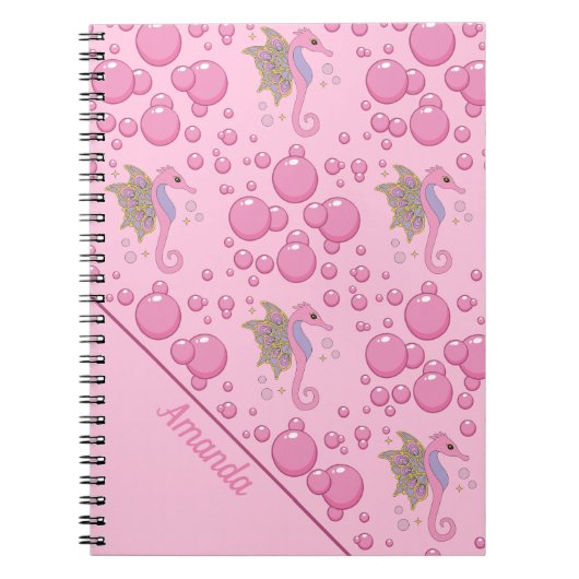バブルバタフライシーホースカスタムピンクノート ノートブック (正面)