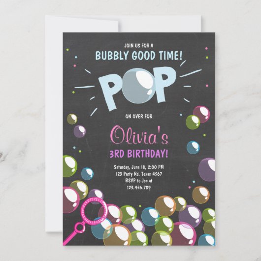 バブルバースデーパーティー招待ポップ・アートの誕生日女の子 招待状 (正面)