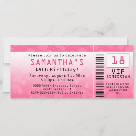 バブルピンクチケットカスタマイズ可能誕生日 招待状 (正面)