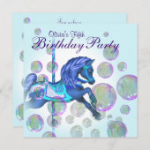 バブルピンク回転木馬ポニーガールズバースデーパーティー 招待状 (正面/裏面)