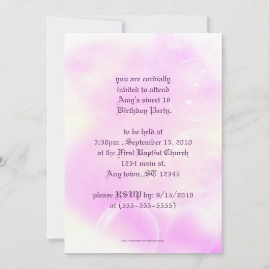 バブルフェアリーファンタジースウィート16誕生日 招待状 (裏面)