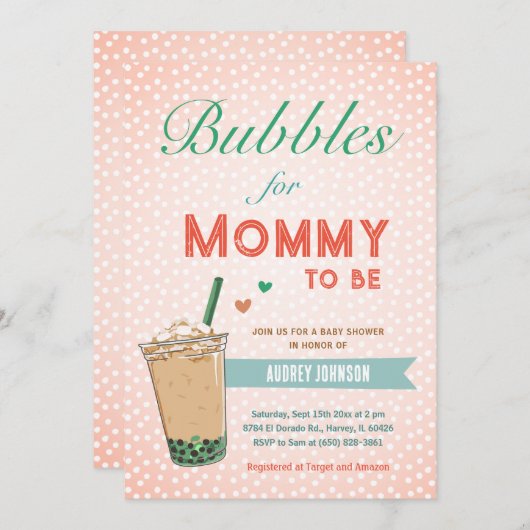 バブルボバティーベイビーシャワーカワイイトレンディーシック 招待状 (正面/裏面)