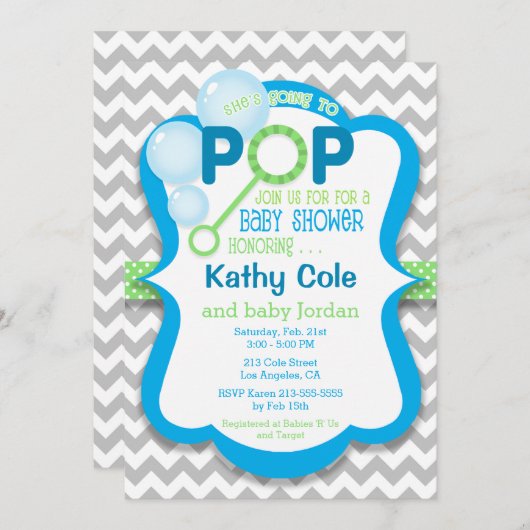 バブルボーイポップ・アートのベビーシャワーブルー&グリーン招待状 招待状 (正面/裏面)