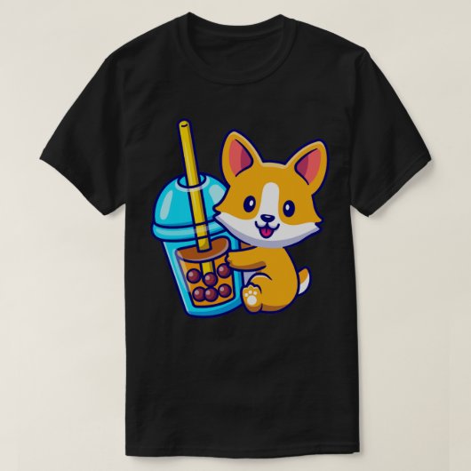 バブルミルクティー漫画が描かれた可愛いコギ犬 Tシャツ (デザイン正面)
