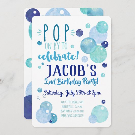 バブル招待状バブルバースデーパーティーブルーボーイ 招待状 (正面/裏面)